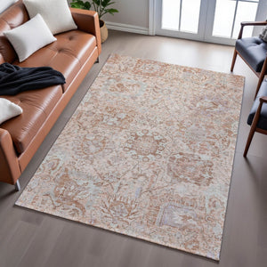 HomeRoots 8' X 10' Coral Ivory Rust Damask Area Rug - Washable, UV Protected, Stain Resistant for Busy Homes 684314