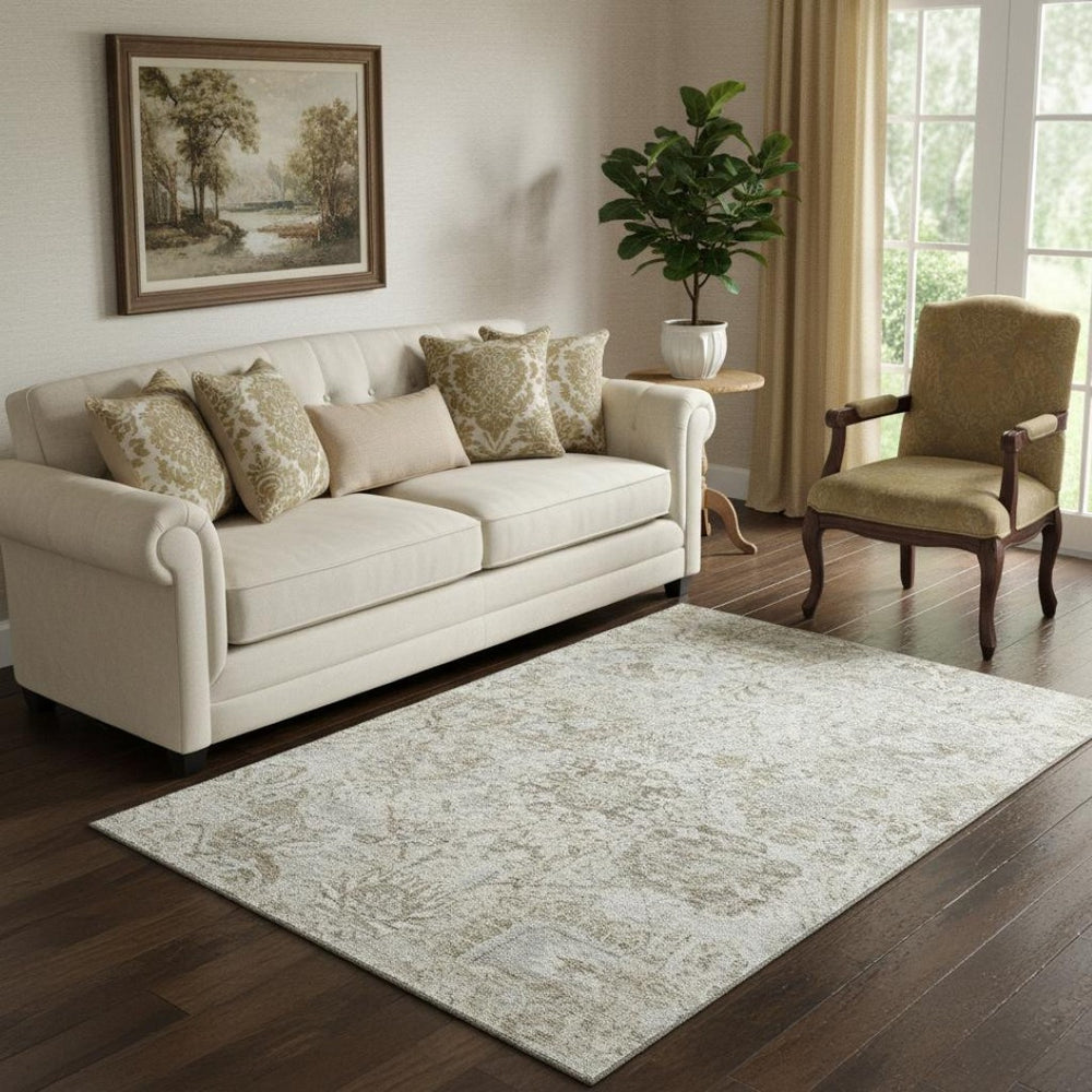 HomeRoots 5' X 8' Ivory and Gray Damask Area Rug - Washable, UV Protected, Durable Design for Busy Homes 684318