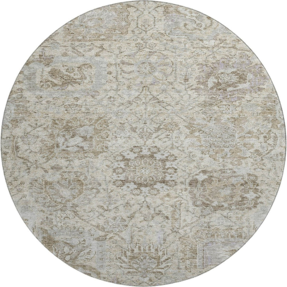 HomeRoots 8' Ivory and Gray Damask Washable Round Rug - Durable, Stain Resistant, UV Protected for Every Space! 684319