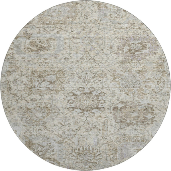 HomeRoots 8' Ivory and Gray Damask Washable Round Rug - Durable, Stain Resistant, UV Protected for Every Space! 684319