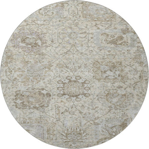 HomeRoots 8' Ivory and Gray Damask Washable Round Rug - Durable, Stain Resistant, UV Protected for Every Space! 684319