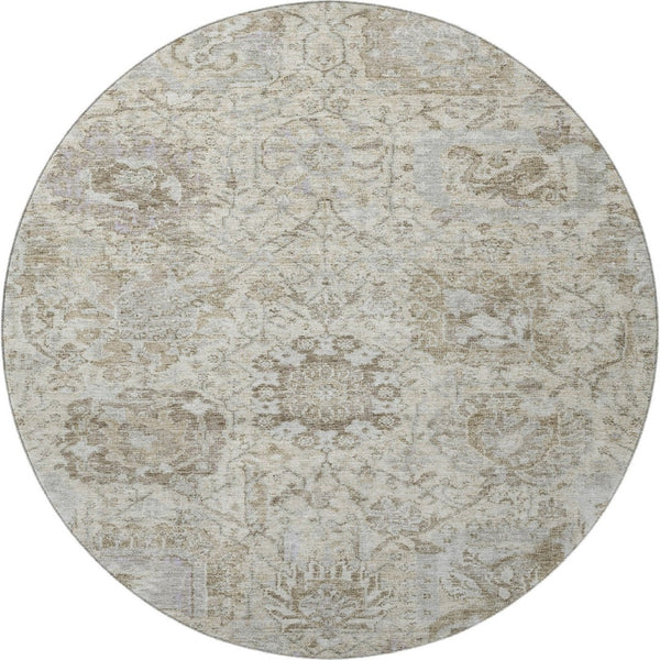 HomeRoots 8' Ivory and Gray Damask Washable Round Rug - Durable, Stain Resistant, UV Protected for Every Space! 684319