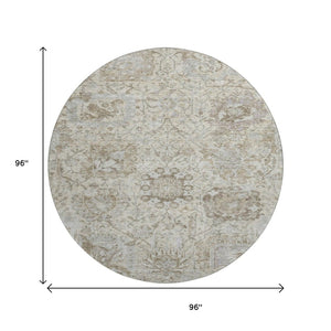 HomeRoots 8' Ivory and Gray Damask Washable Round Rug - Durable, Stain Resistant, UV Protected for Every Space! 684319