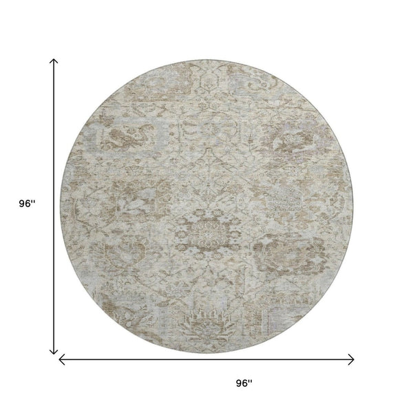 HomeRoots 8' Ivory and Gray Damask Washable Round Rug - Durable, Stain Resistant, UV Protected for Every Space! 684319