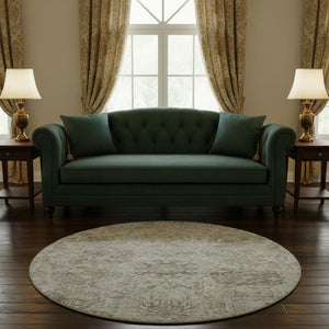 HomeRoots 8' Ivory and Gray Damask Washable Round Rug - Durable, Stain Resistant, UV Protected for Every Space! 684319
