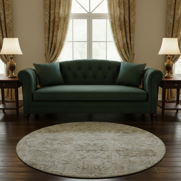 HomeRoots 8' Ivory and Gray Damask Washable Round Rug - Durable, Stain Resistant, UV Protected for Every Space! 684319