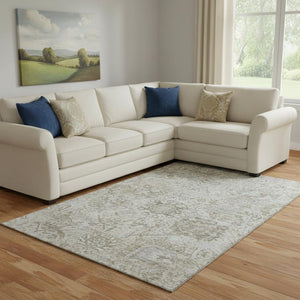 HomeRoots 8' X 10' Ivory and Gray Damask Area Rug - Washable, UV Protected, Stain-Resistant, Stylish Design 684320