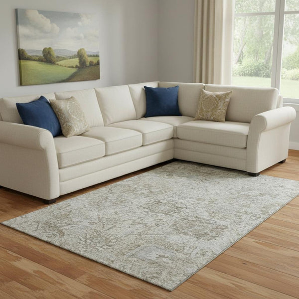 HomeRoots 8' X 10' Ivory and Gray Damask Area Rug - Washable, UV Protected, Stain-Resistant, Stylish Design 684320