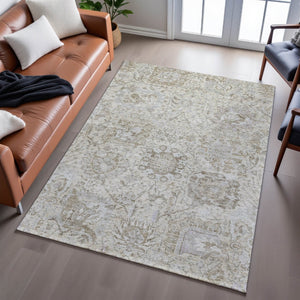 HomeRoots 8' X 10' Ivory and Gray Damask Area Rug - Washable, UV Protected, Stain-Resistant, Stylish Design 684320