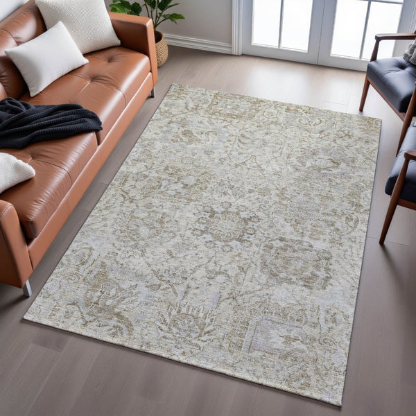 HomeRoots 8' X 10' Ivory and Gray Damask Area Rug - Washable, UV Protected, Stain-Resistant, Stylish Design 684320