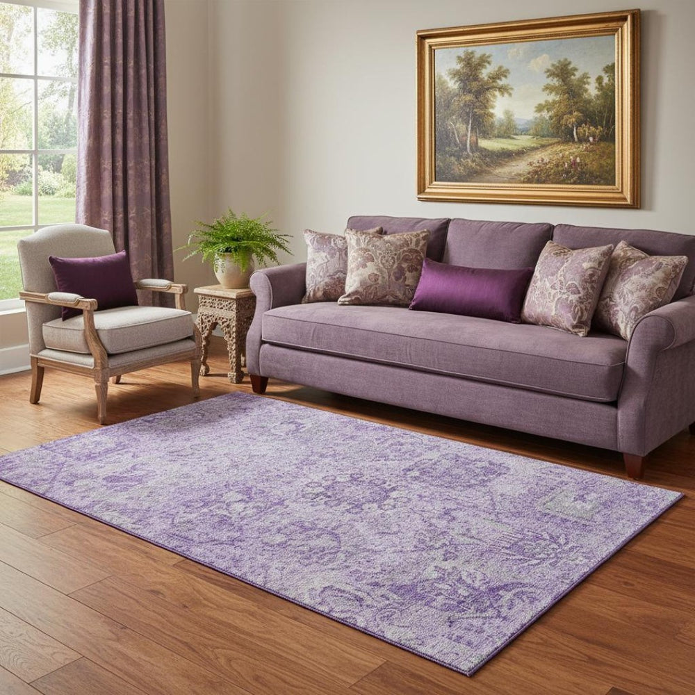 HomeRoots 5' X 8' Elegant Lavender and Ivory Damask Area Rug - Washable, Stain-Resistant, UV Protected Design 684324