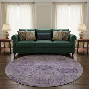 HomeRoots 8' Elegant Lavender & Ivory Damask Washable Round Rug - Stain Resistant, UV Protected, Durable Design 684325
