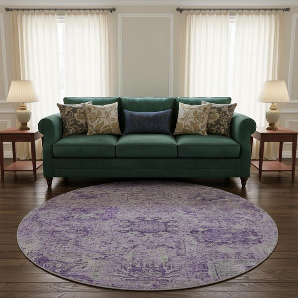 HomeRoots 8' Elegant Lavender & Ivory Damask Washable Round Rug - Stain Resistant, UV Protected, Durable Design 684325