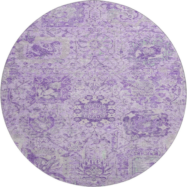HomeRoots 8' Elegant Lavender & Ivory Damask Washable Round Rug - Stain Resistant, UV Protected, Durable Design 684325