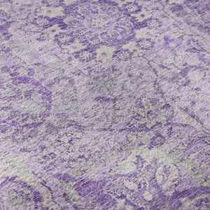 HomeRoots 8' Elegant Lavender & Ivory Damask Washable Round Rug - Stain Resistant, UV Protected, Durable Design 684325