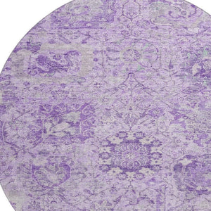 HomeRoots 8' Elegant Lavender & Ivory Damask Washable Round Rug - Stain Resistant, UV Protected, Durable Design 684325