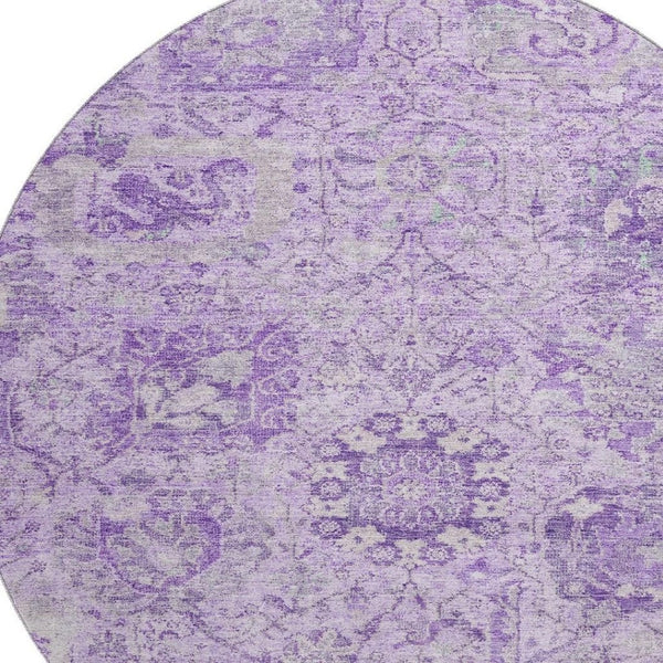 HomeRoots 8' Elegant Lavender & Ivory Damask Washable Round Rug - Stain Resistant, UV Protected, Durable Design 684325
