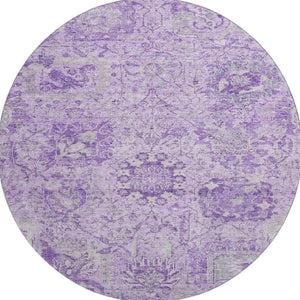HomeRoots 8' Elegant Lavender & Ivory Damask Washable Round Rug - Stain Resistant, UV Protected, Durable Design 684325