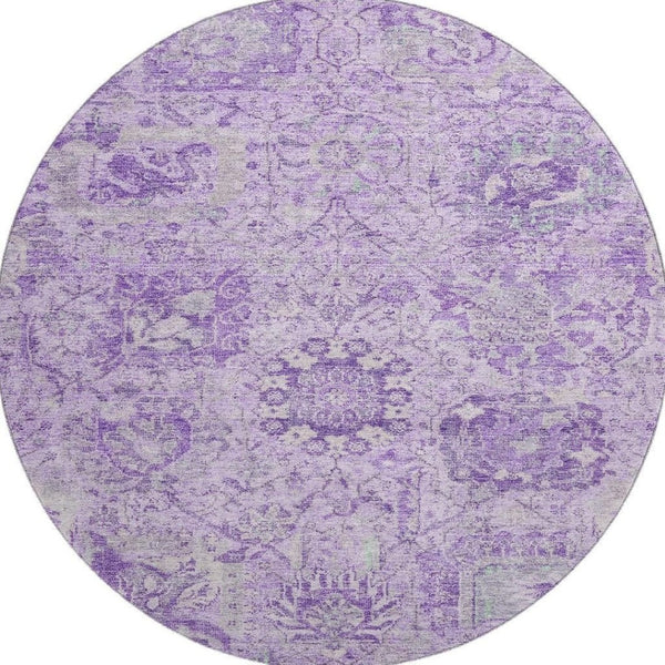 HomeRoots 8' Elegant Lavender & Ivory Damask Washable Round Rug - Stain Resistant, UV Protected, Durable Design 684325