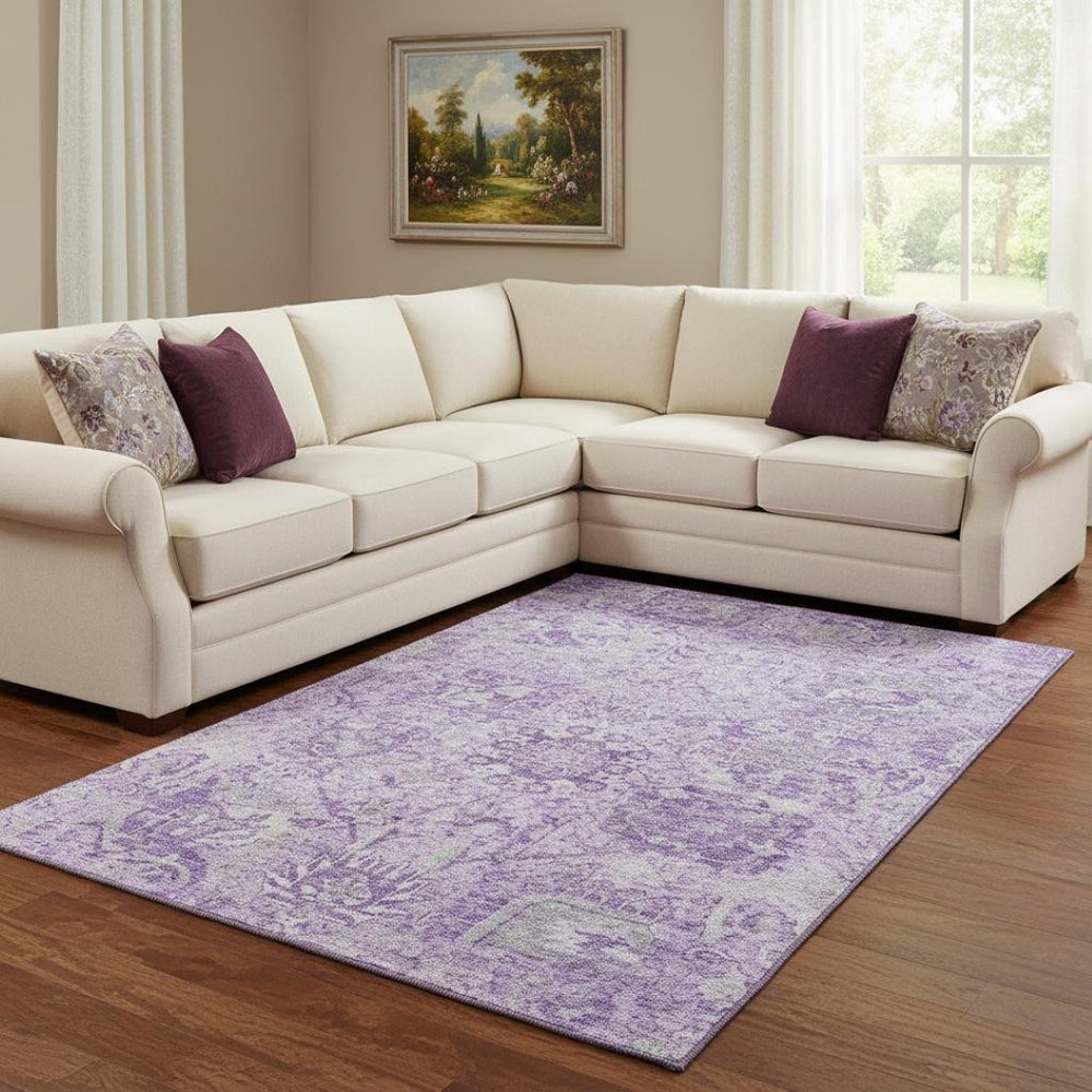 HomeRoots 8' X 10' Elegant Lavender and Ivory Damask Area Rug - Washable, UV Protected, Perfect for Families! 684326