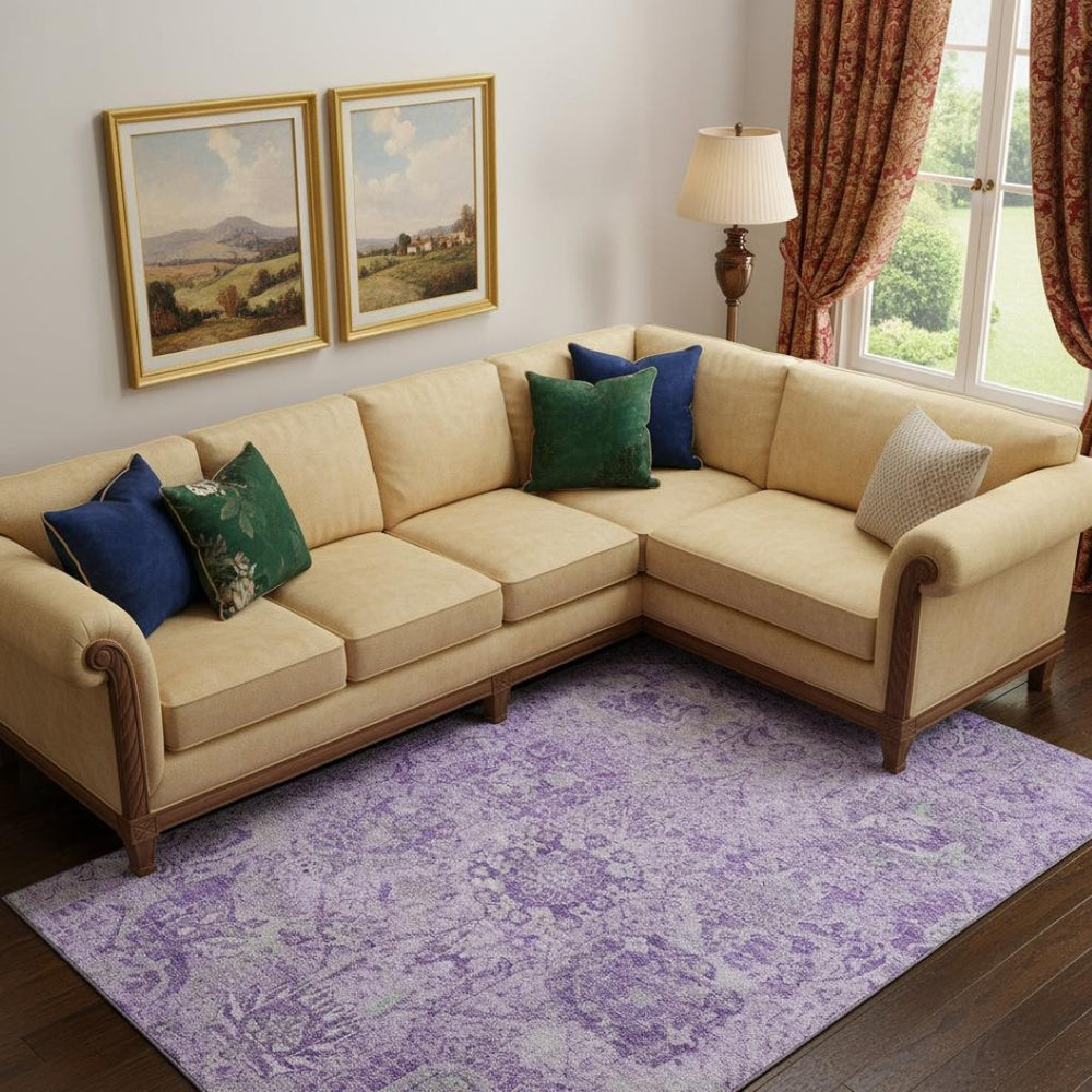 HomeRoots 9' X 12' Elegant Lavender and Ivory Damask Area Rug - Durable, Stain-Resistant, UV Protected Design 684327