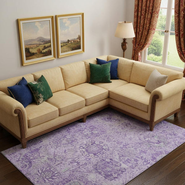 HomeRoots 9' X 12' Elegant Lavender and Ivory Damask Area Rug - Durable, Stain-Resistant, UV Protected Design 684327