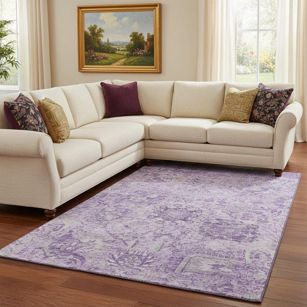 HomeRoots 10' X 14' Elegant Lavender & Ivory Damask Area Rug - Washable, UV Protected, Pet-Friendly Decor 684328