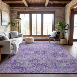 HomeRoots 10' X 14' Elegant Lavender & Ivory Damask Area Rug - Washable, UV Protected, Pet-Friendly Decor 684328