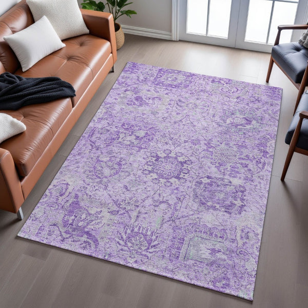 HomeRoots 10' X 14' Elegant Lavender & Ivory Damask Area Rug - Washable, UV Protected, Pet-Friendly Decor 684328