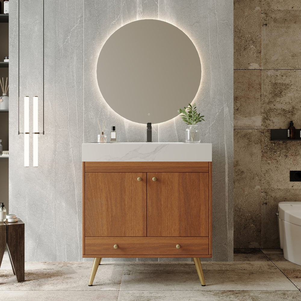 English Elm Mid-century Freestanding Bathroom Vanity with Marble Stone Top Gold Legs Storage W3136S00066