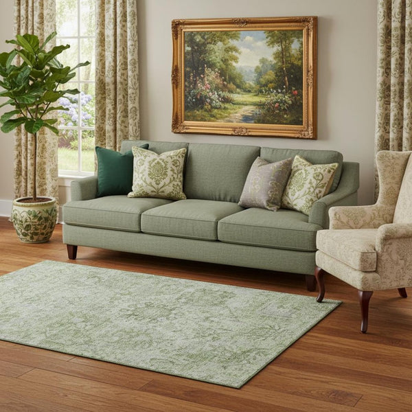 HomeRoots 5' X 8' Elegant Mint Green Damask Area Rug – Washable, Stain Resistant, UV Protected for Families 684330