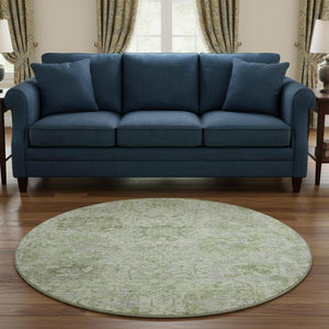 HomeRoots 8' Mint Green Gray Ivory Damask Round Rug - Stylish, Washable, UV Protected for Busy Homes! 684331