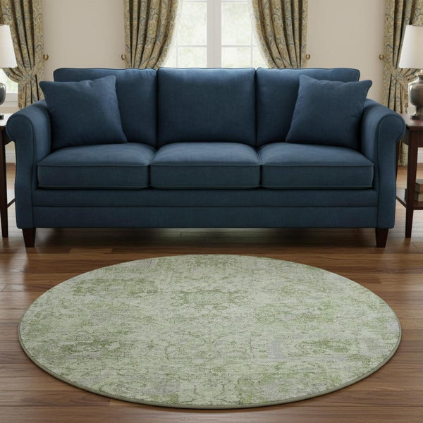 HomeRoots 8' Mint Green Gray Ivory Damask Round Rug - Stylish, Washable, UV Protected for Busy Homes! 684331
