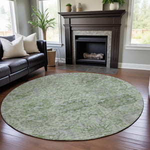 HomeRoots 8' Mint Green Gray Ivory Damask Round Rug - Stylish, Washable, UV Protected for Busy Homes! 684331