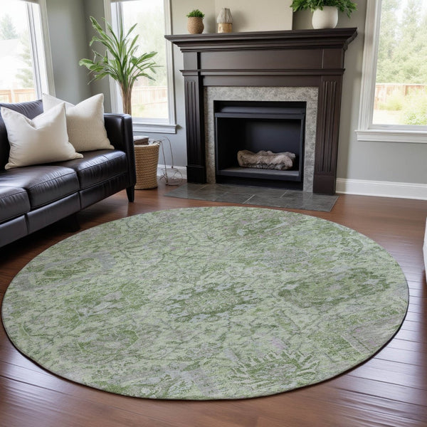 HomeRoots 8' Mint Green Gray Ivory Damask Round Rug - Stylish, Washable, UV Protected for Busy Homes! 684331