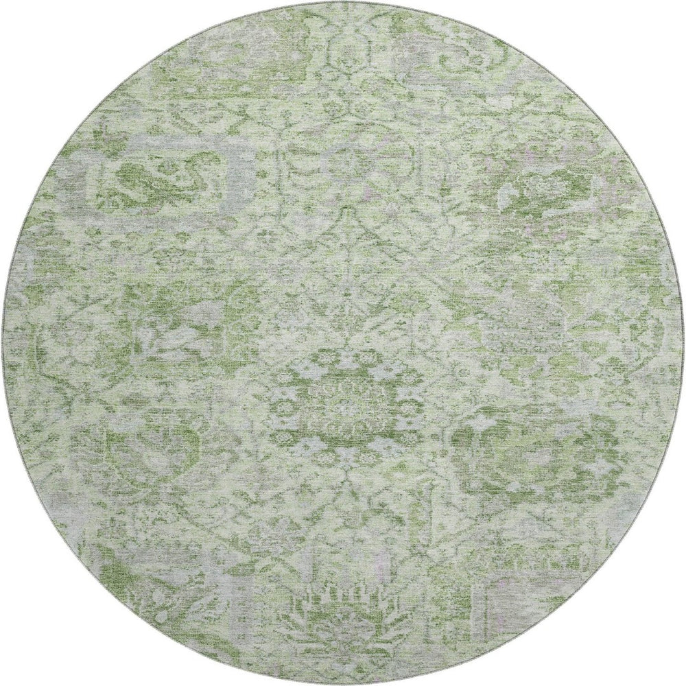 HomeRoots 8' Mint Green Gray Ivory Damask Round Rug - Stylish, Washable, UV Protected for Busy Homes! 684331