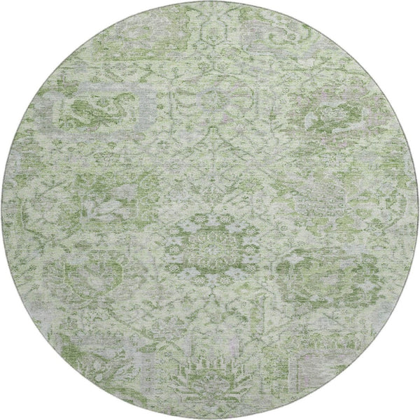 HomeRoots 8' Mint Green Gray Ivory Damask Round Rug - Stylish, Washable, UV Protected for Busy Homes! 684331