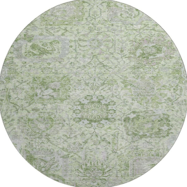 HomeRoots 8' Mint Green Gray Ivory Damask Round Rug - Stylish, Washable, UV Protected for Busy Homes! 684331