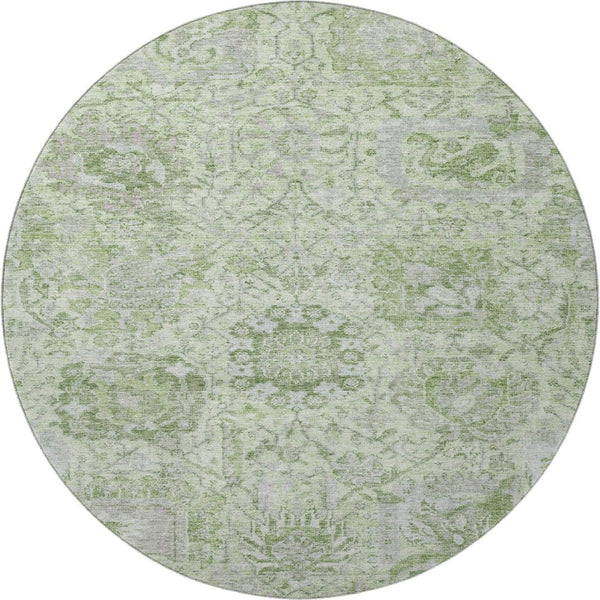 HomeRoots 8' Mint Green Gray Ivory Damask Round Rug - Stylish, Washable, UV Protected for Busy Homes! 684331