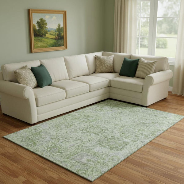 HomeRoots 8' X 10' Elegant Mint Green Gray Ivory Damask Area Rug - Washable, UV Protected, Durable Design 684332