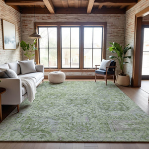 HomeRoots 8' X 10' Elegant Mint Green Gray Ivory Damask Area Rug - Washable, UV Protected, Durable Design 684332