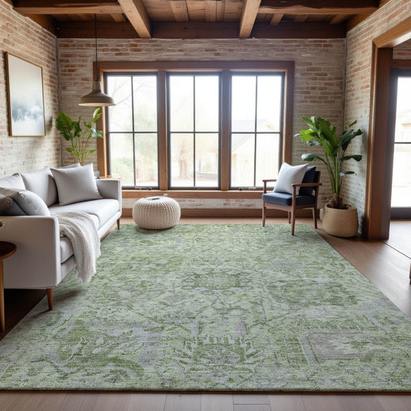 HomeRoots 8' X 10' Elegant Mint Green Gray Ivory Damask Area Rug - Washable, UV Protected, Durable Design 684332