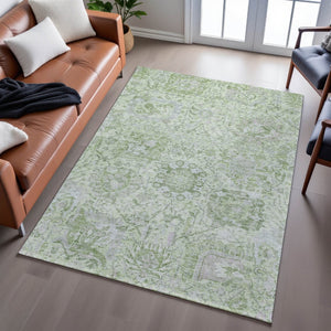 HomeRoots 8' X 10' Elegant Mint Green Gray Ivory Damask Area Rug - Washable, UV Protected, Durable Design 684332