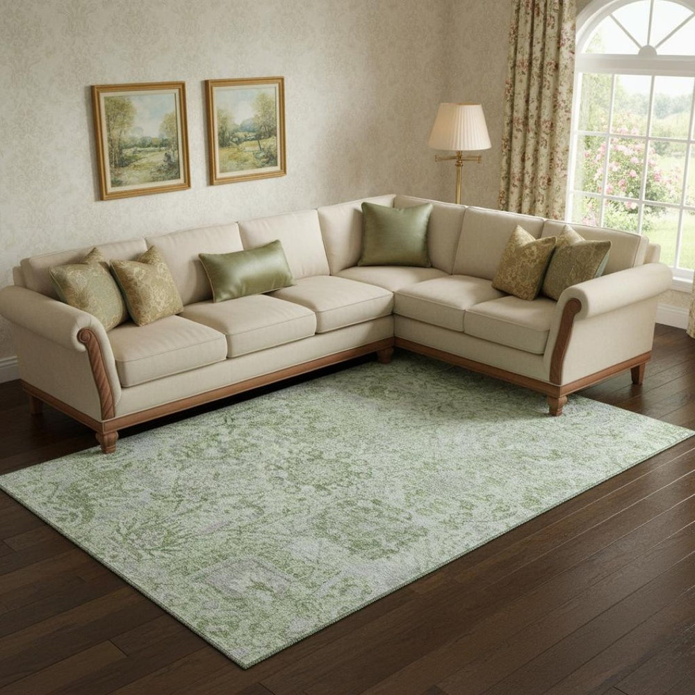 HomeRoots 9' X 12' Elegant Mint Green Gray Ivory Damask Area Rug - Washable, UV Protected, Stain Resistant 684333