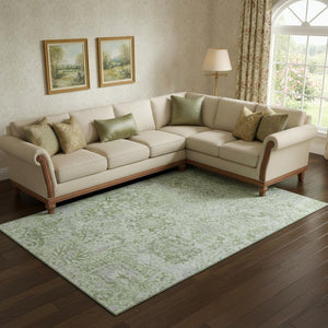HomeRoots 9' X 12' Elegant Mint Green Gray Ivory Damask Area Rug - Washable, UV Protected, Stain Resistant 684333