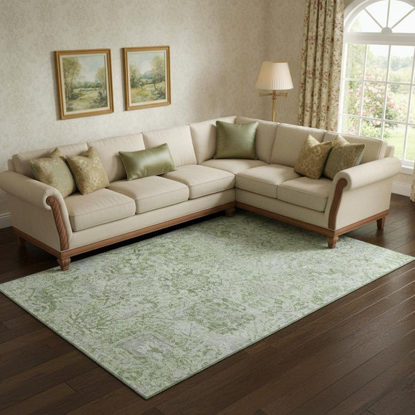 HomeRoots 9' X 12' Elegant Mint Green Gray Ivory Damask Area Rug - Washable, UV Protected, Stain Resistant 684333