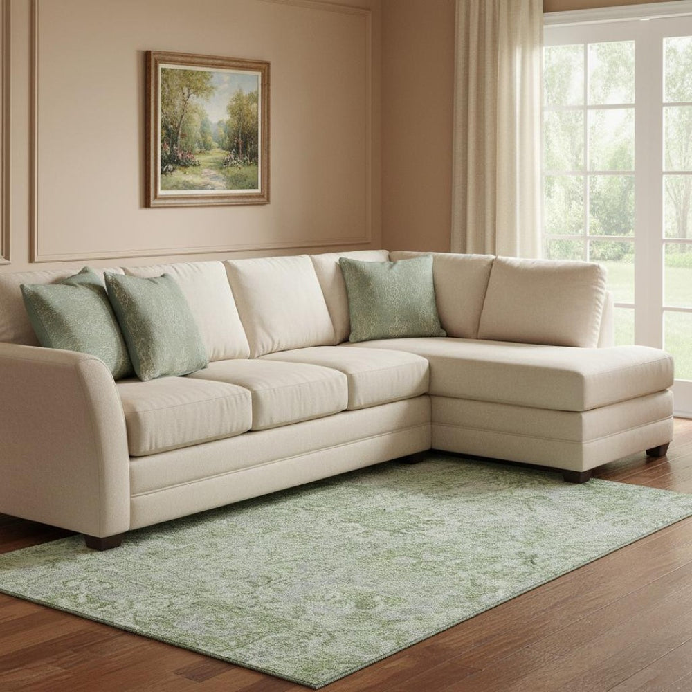 HomeRoots 10' Mint Green Gray Ivory Damask Area Rug - Washable, UV Protected, Stain Resistant for Homes 684334