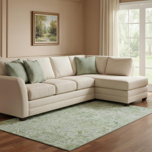 HomeRoots 10' Mint Green Gray Ivory Damask Area Rug - Washable, UV Protected, Stain Resistant for Homes 684334