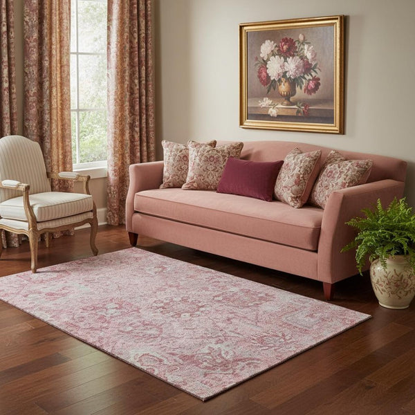 HomeRoots 5' X 8' Pink Gray Ivory Damask Area Rug - Stylish, Washable, UV Protected for Homes with Kids & Pets 684336