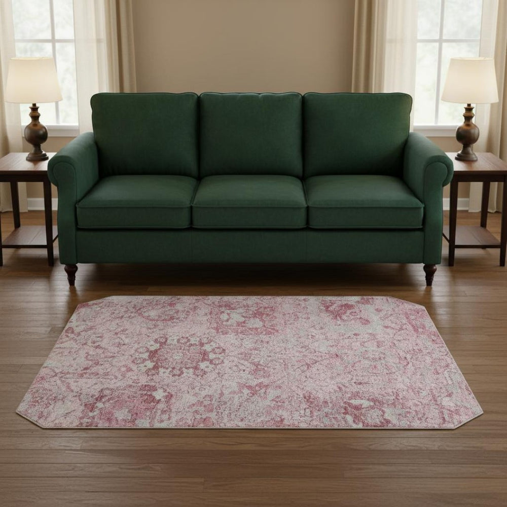 HomeRoots 8' Elegant Pink, Gray, and Ivory Damask Washable Round Rug with UV Protection for Busy Homes 684337